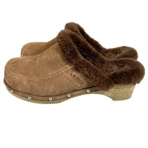 LAMO Womens Brown Suede Clogs Size 11 Faux Fur Lined Shoes
